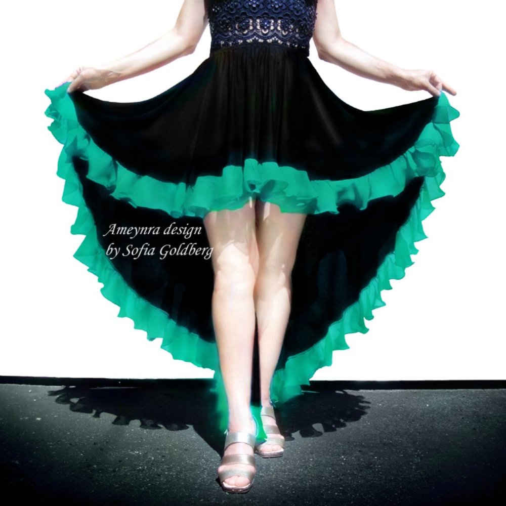 Ameynra high low skirt black rayon with teal chiffon ruffle